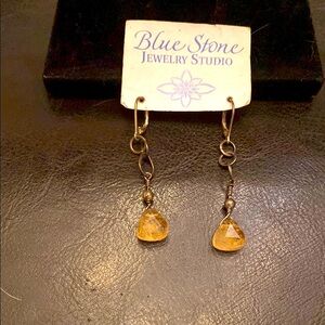 Gold Teardrop Earrings with Delicate Chain and Citron Gemstone